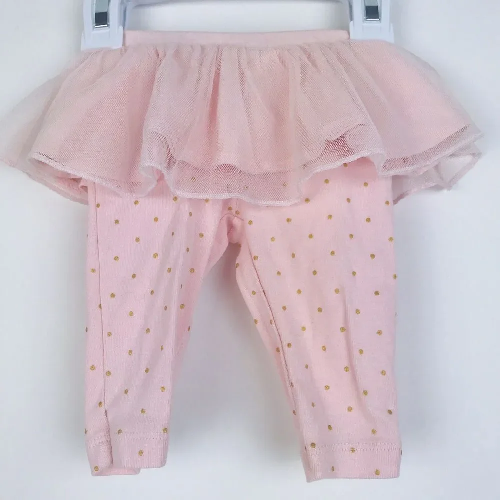 Carter's Baby Girl Leggings Pink Gold Polka Dot w/‎ Tulle Skirt Size 3 Mo